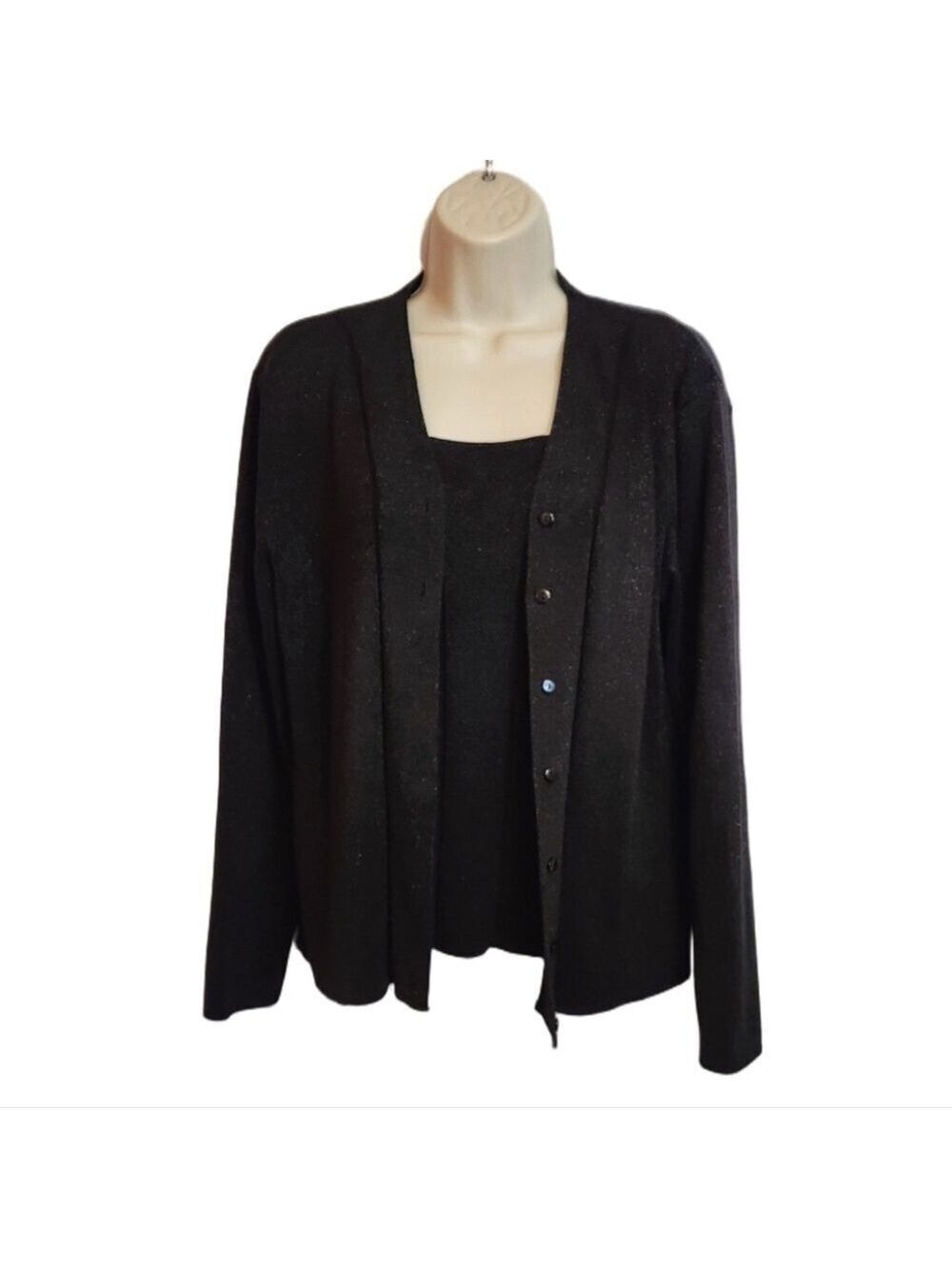 Belldini Black Metallic Silk Blend Cardigan Tank Sweater Set Large